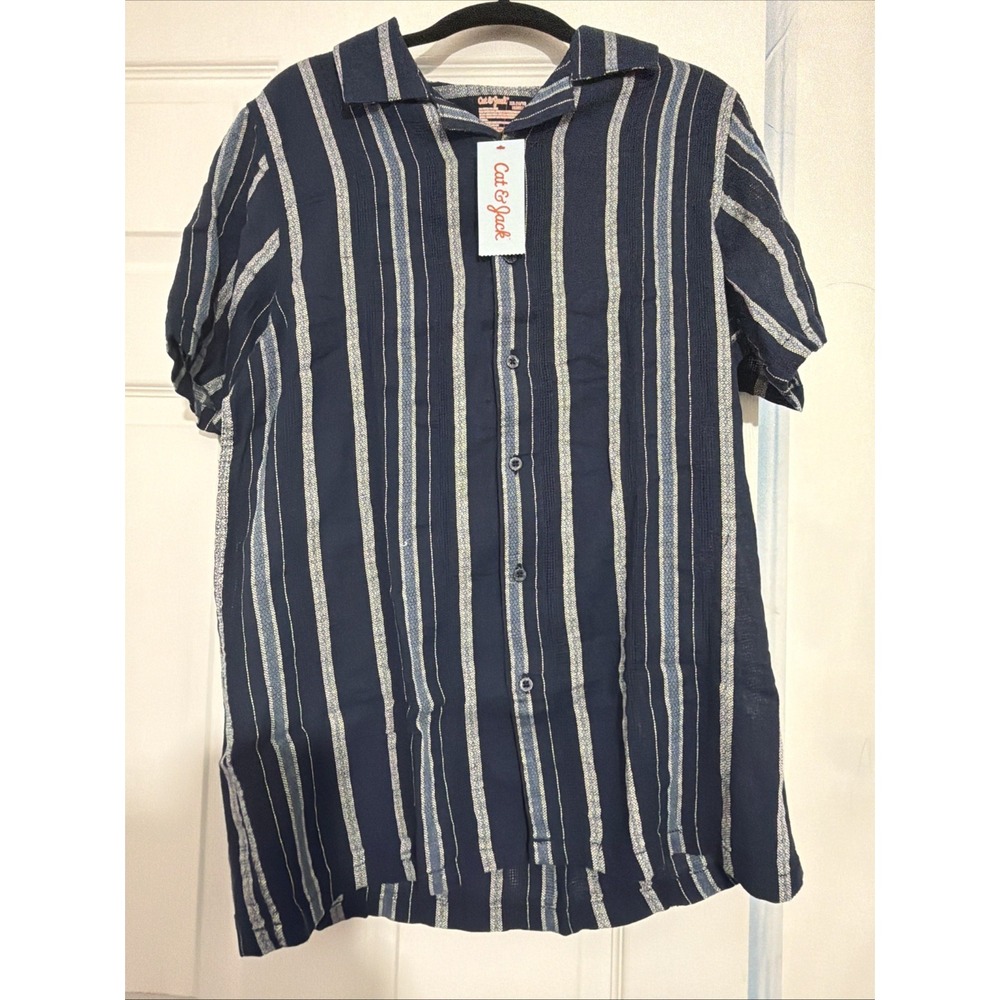Cat & Jack Boys XXL 16/18 Husky Blue Striped Short Sleeve Button-Up Shirt